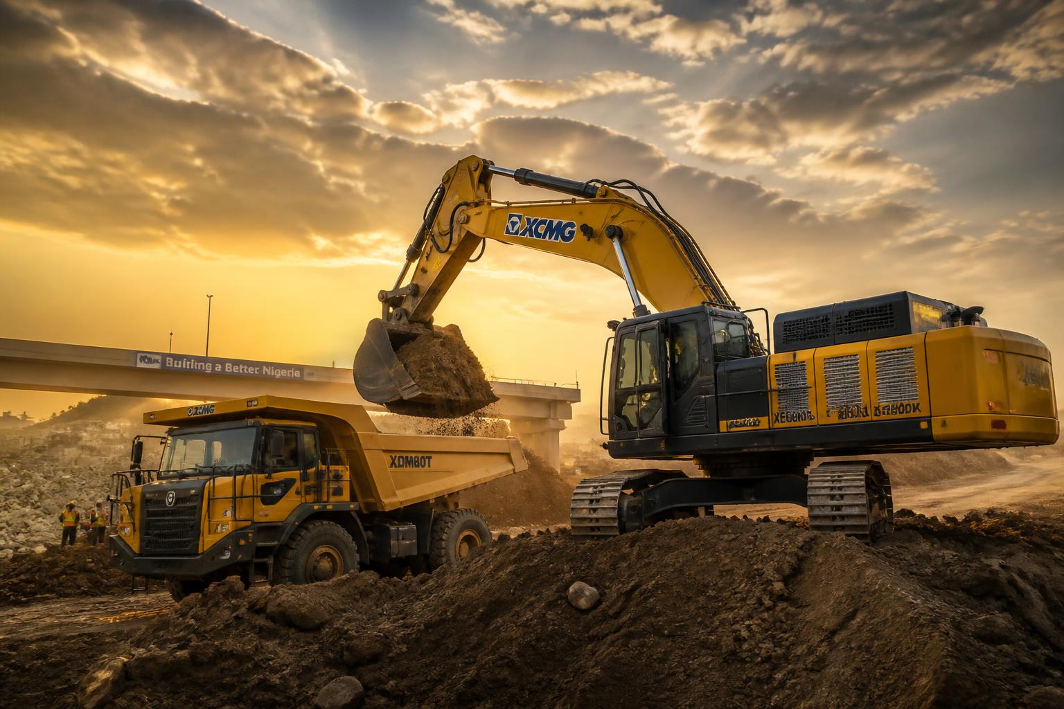 XCMG heavy excavator and dump truck on Nigerian highway construction site at golden hour
